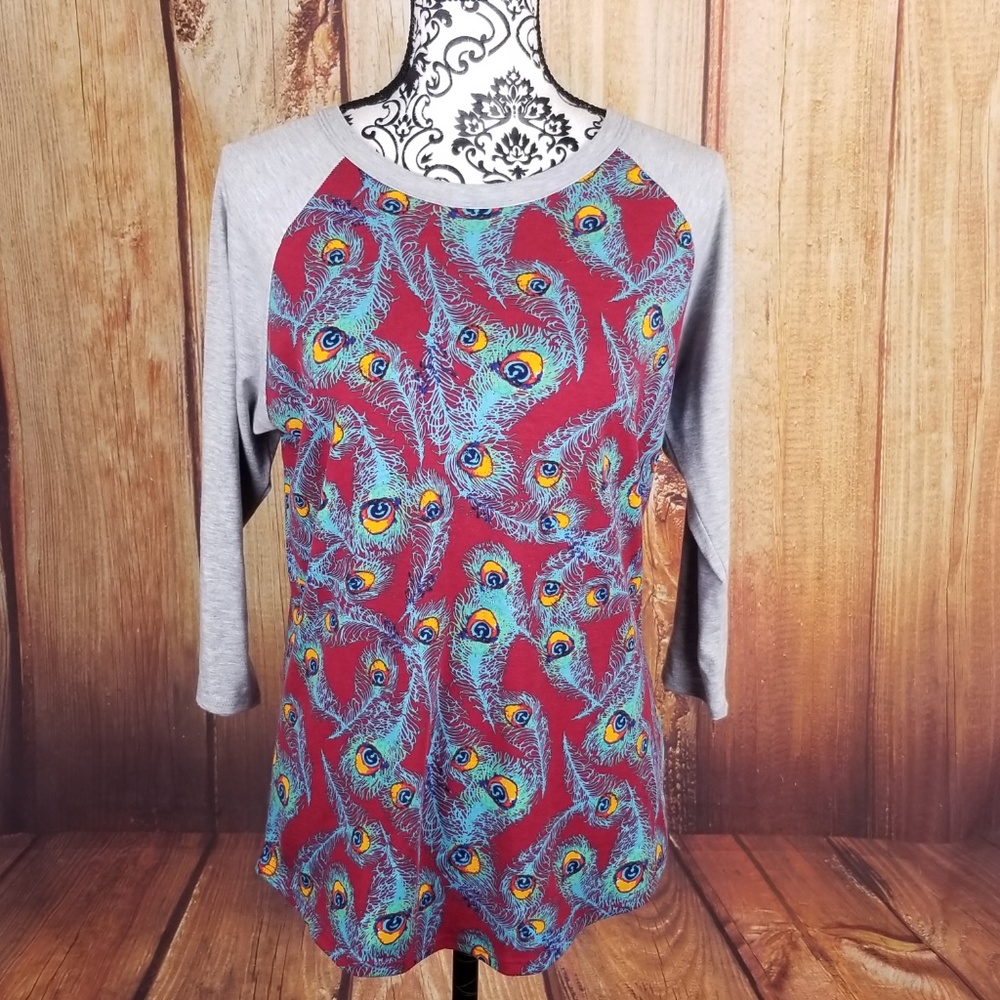 LuLaRoe Gray/Maroon/Blue Peacock Feather Randy